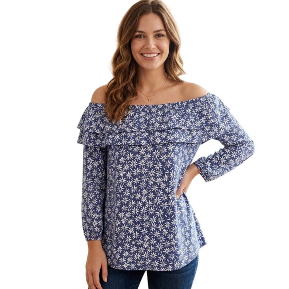 J. Jill Flounce Off Shoulder Top Womens Medium Blue White Floral Cottagecore